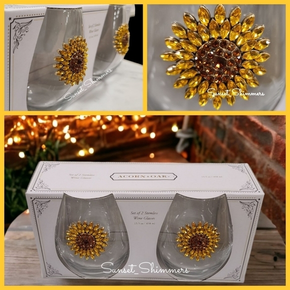 2pc Set Summer Fall Jeweled Rhinestone SUNFLOWER Stemless Wine Glasses NEW - Picture 1 of 7
